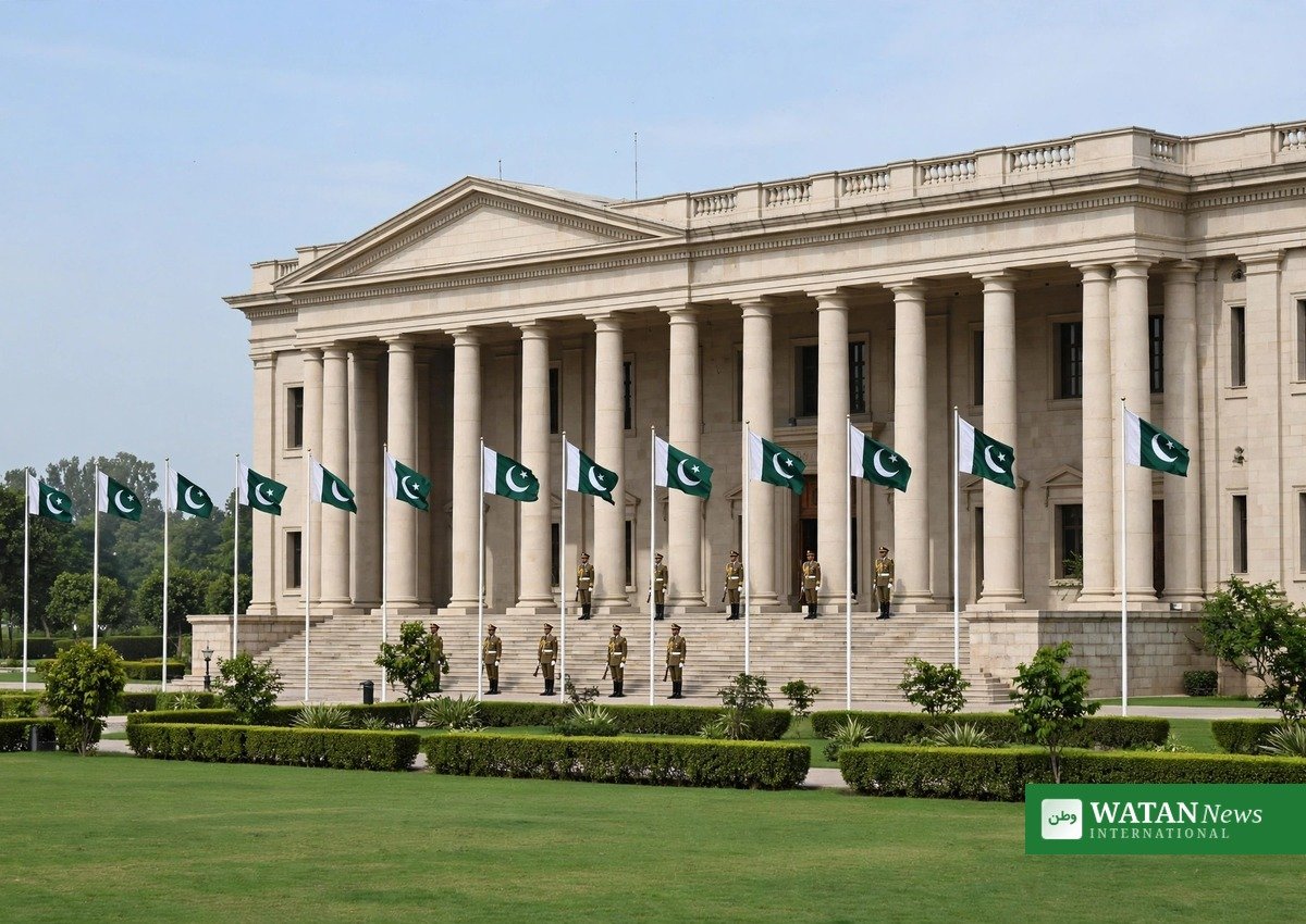 Pakistan Army May 9 warning – military headquarters building with Pakistani flags and ceremonial guards
