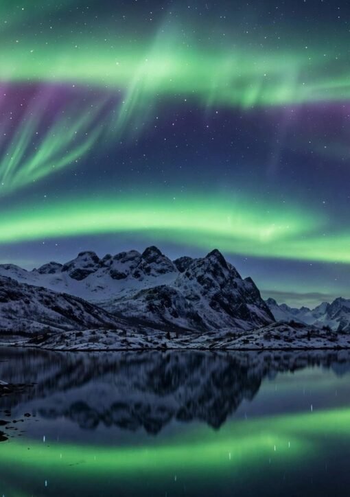 Northern lights aurora over a Scandinavian fjord (illustration)