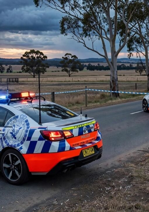 NSW police shooting scene: highway patrol cars with flashing lights at a rural road near Yass