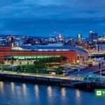 Belfast arena at dusk, venue of the Obama Israel Gaza remarks