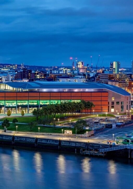 Belfast arena at dusk, venue of the Obama Israel Gaza remarks