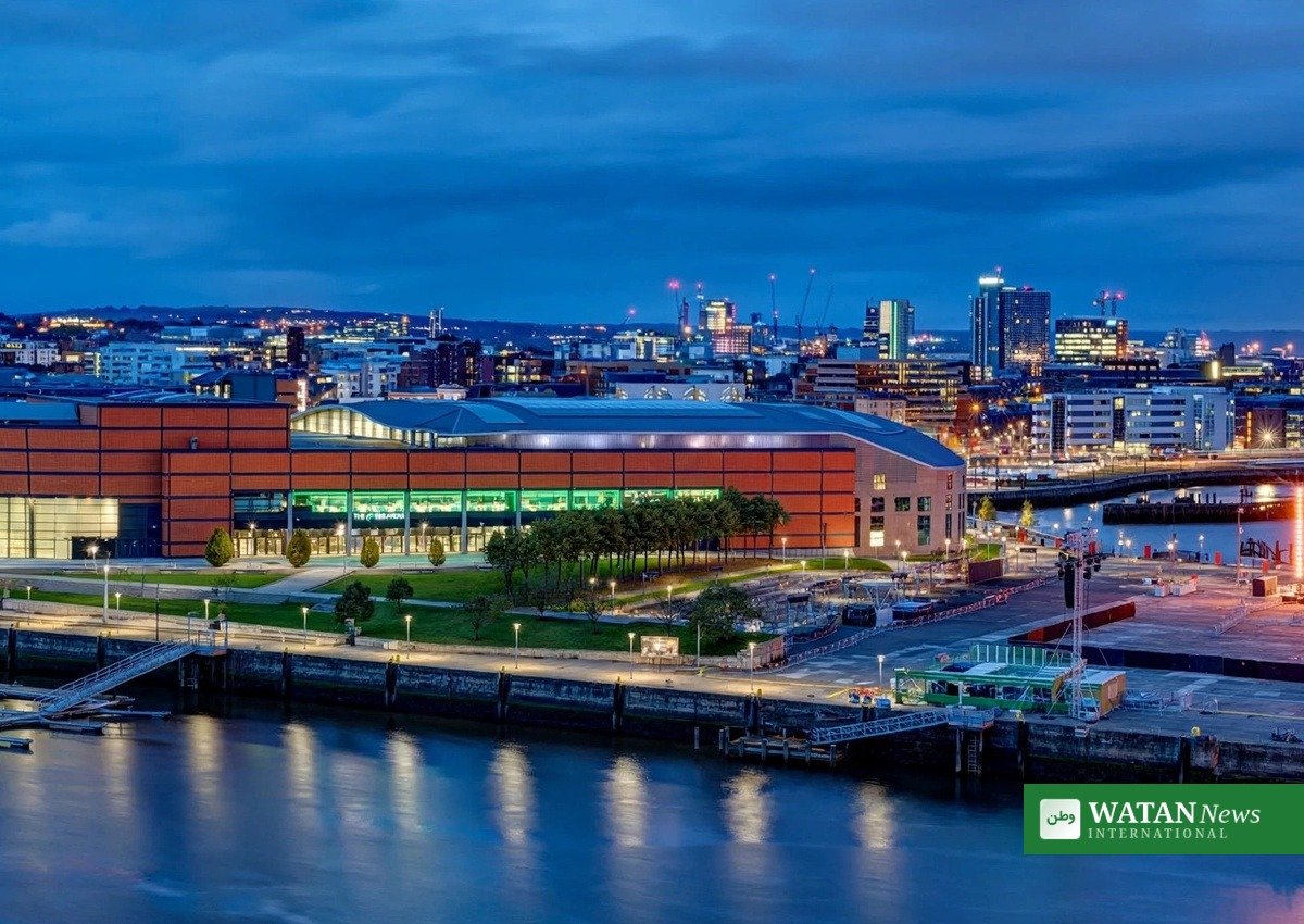 Belfast arena at dusk, venue of the Obama Israel Gaza remarks