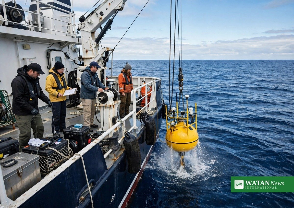 Ocean carbon intelligence research vessel deploying monitoring buoy