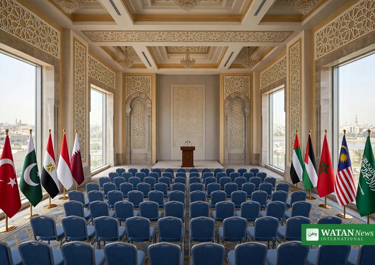 OIC foreign ministers session in Baghdad - flags of member states in the conference hall