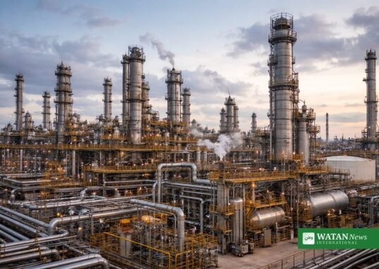 Oil refinery towers and pipelines at dusk as crude prices fall on US-Iran peace hopes