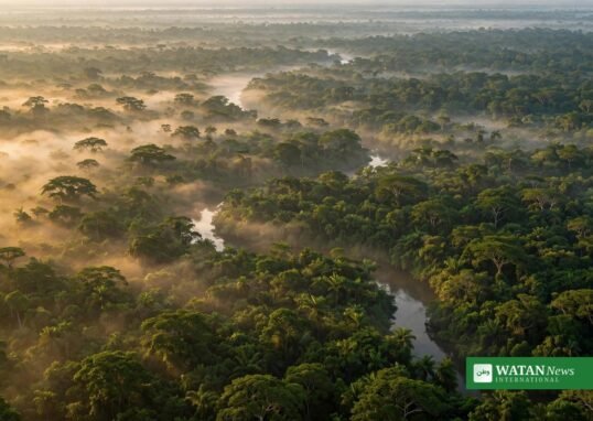 Congo Basin rainforest canopy and river in the Republic of Congo