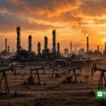 Oil pumpjacks and refinery at sunset after OPEC cut its 2026 oil demand growth forecast to 400,000 barrels per day