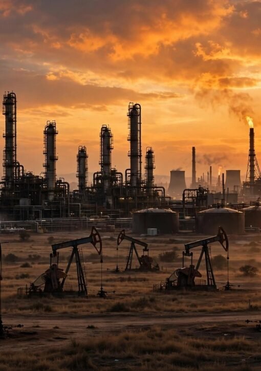Oil pumpjacks and refinery at sunset after OPEC cut its 2026 oil demand growth forecast to 400,000 barrels per day