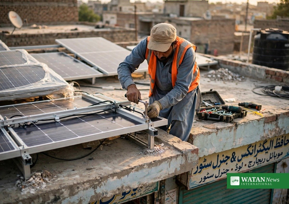 Technician installing solar panels on a shop rooftop in Pakistan as the Pakistan solar power boom spreads to small businesses