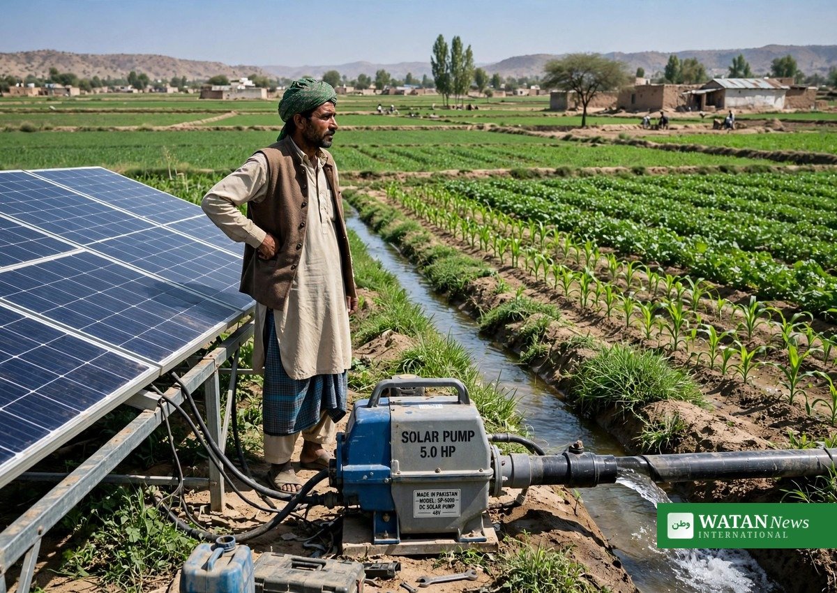 Solar-powered irrigation pump in a Pakistani farm field showing how the Pakistan solar power boom reached agriculture