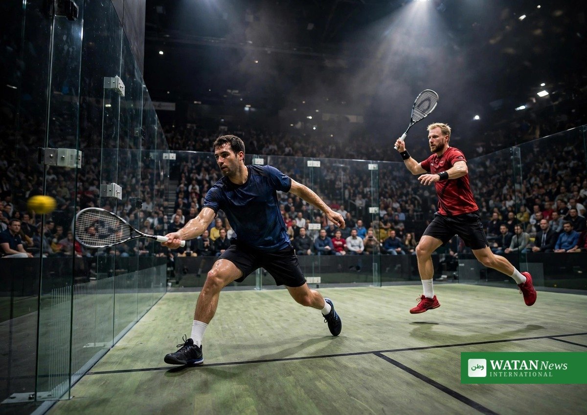Pakistan squash action on the glass show court at the 20th Asian Games in Aichi-Nagoya, Japan