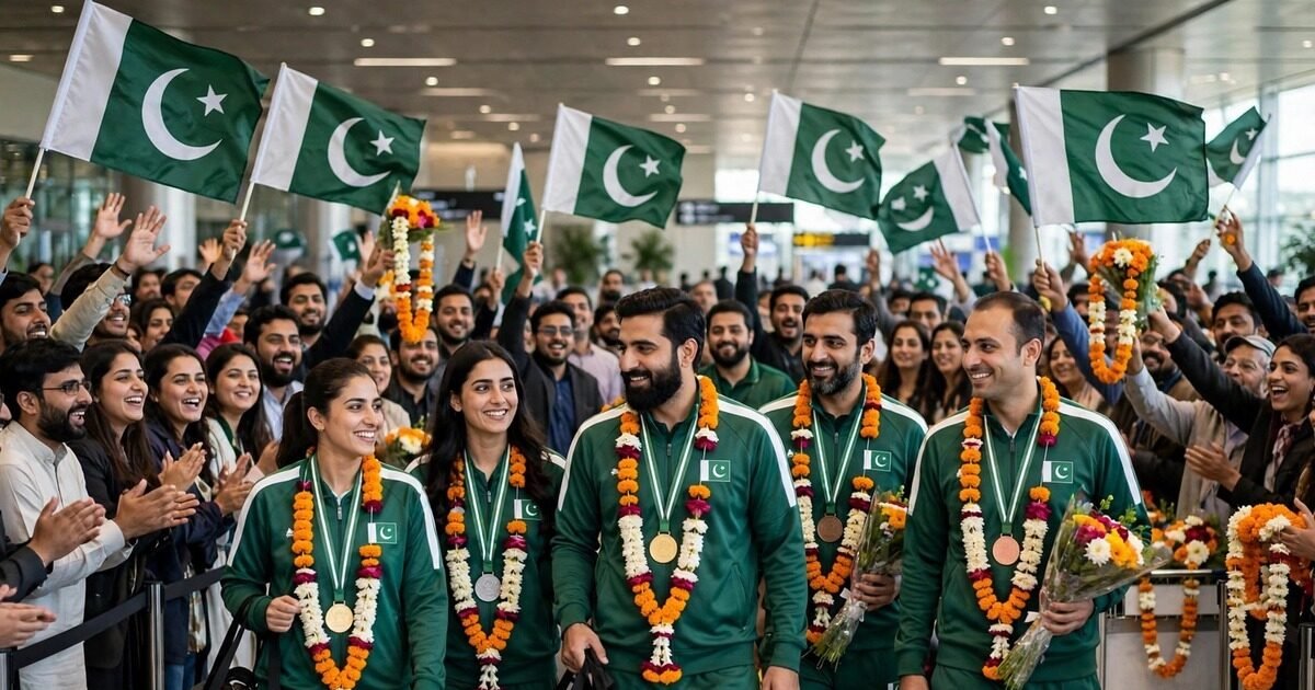Pakistan squash players receiving a warm welcome at Islamabad International Airport after winning medals at the 20th Asian Games