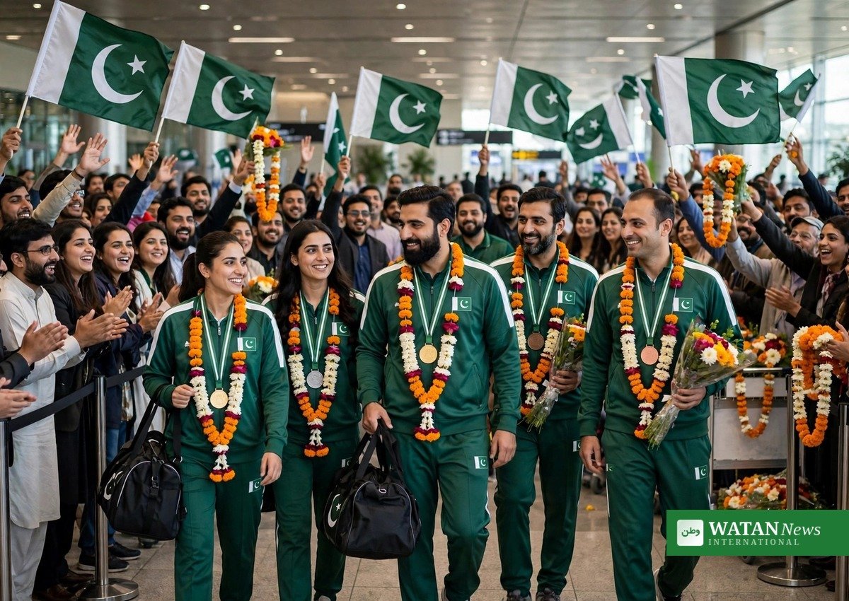 Pakistan squash players receiving a warm welcome at Islamabad International Airport after winning medals at the 20th Asian Games