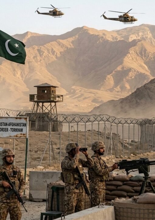 Pakistani soldiers guarding the Pakistan-Afghanistan border at Torkham as Pakistan rejects Taliban claims