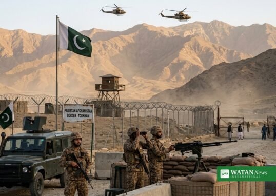 Pakistani soldiers guarding the Pakistan-Afghanistan border at Torkham as Pakistan rejects Taliban claims