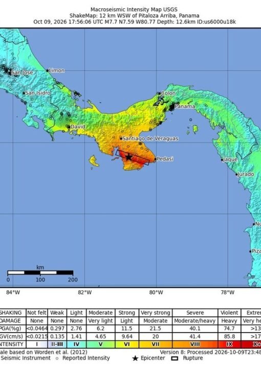 Panama 7.7 earthquake - USGS ShakeMap of shaking intensity, Oct 9 2026