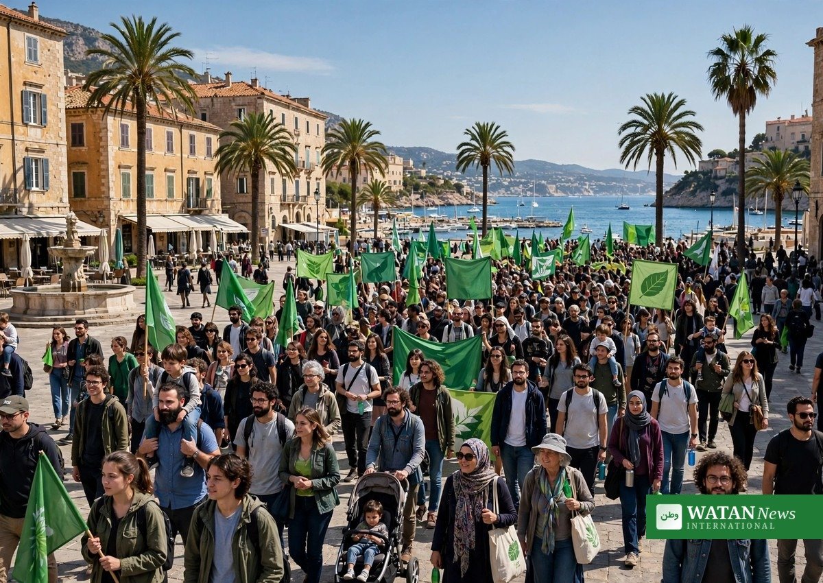 Climate activists marching with green banners at the People's Climate Summit in Antalya