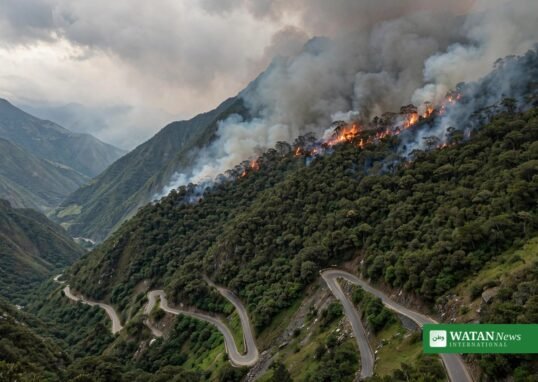 Wildfire smoke rising over the Sacred Valley near the Machu Picchu fire access road in Peru