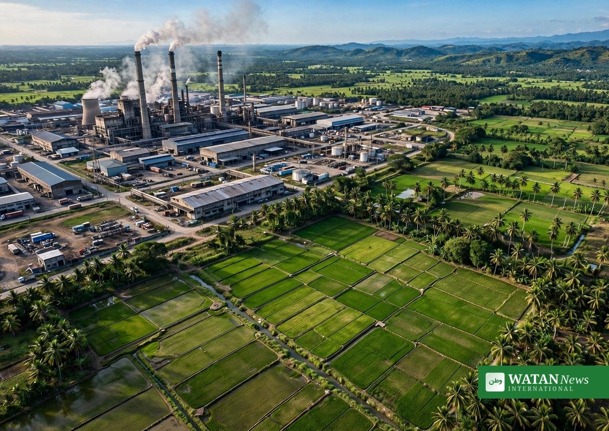 Industrial facilities and farmland in the Philippines illustrating the country's rising carbon intensity challenge