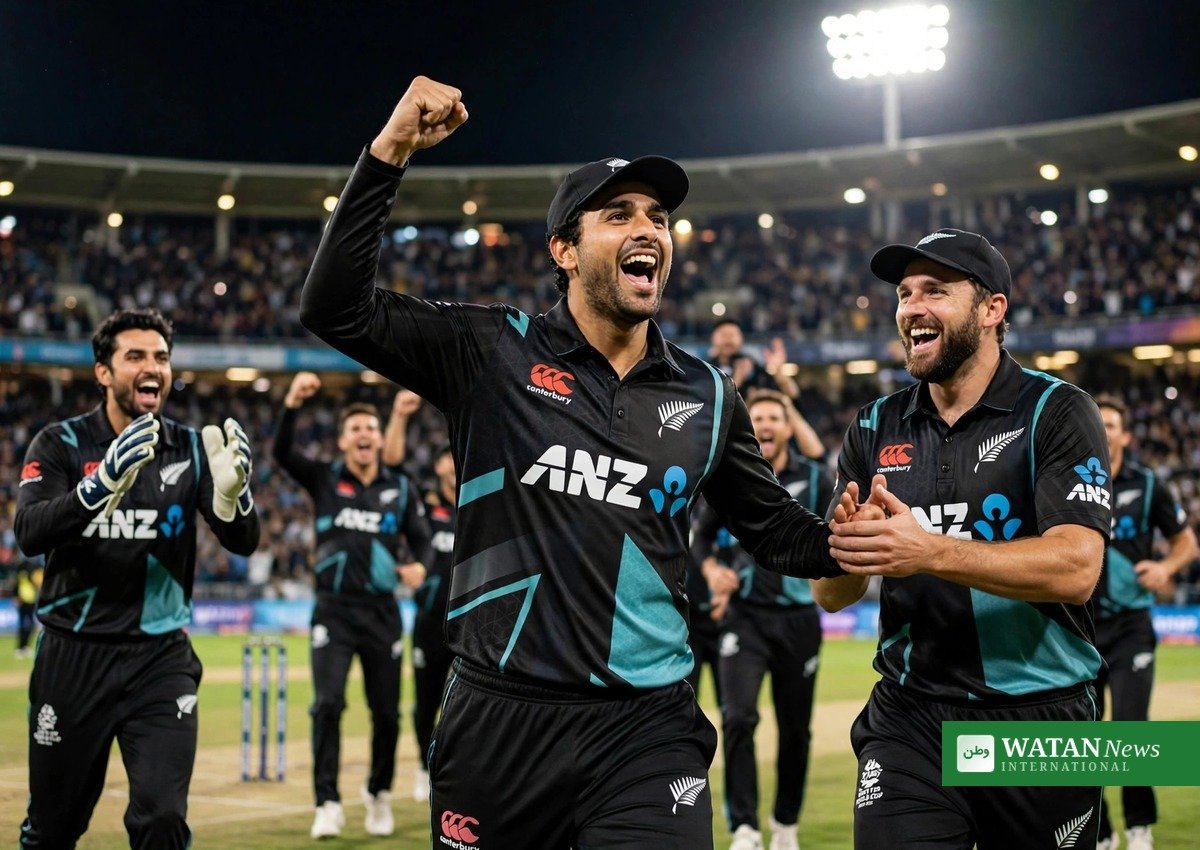 New Zealand players celebrate a wicket against India at Eden Park