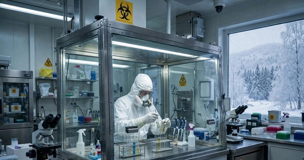 Scientist in protective suit working in a Siberia plague lab with biohazard safety chamber