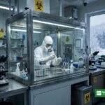 Scientist in protective suit working in a Siberia plague lab with biohazard safety chamber