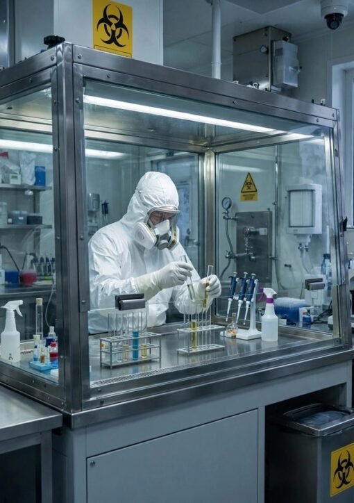 Scientist in protective suit working in a Siberia plague lab with biohazard safety chamber