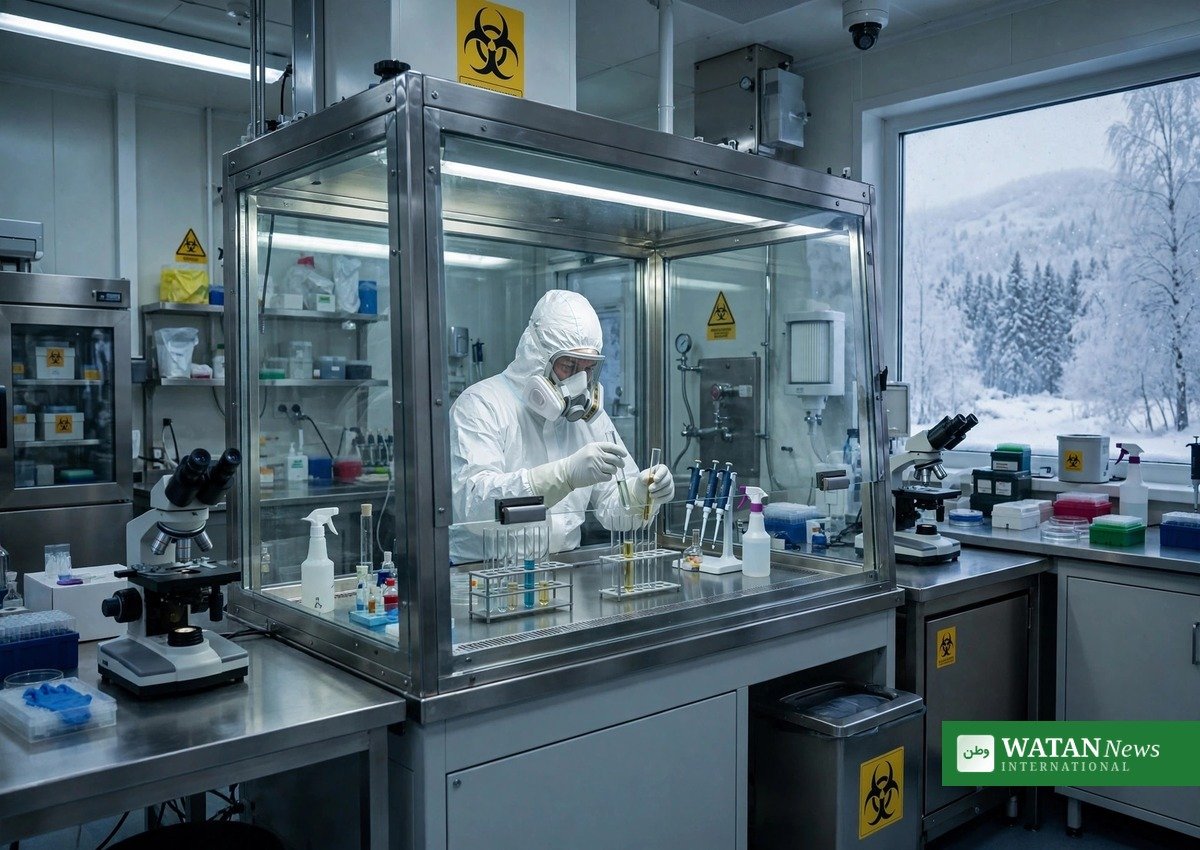 Scientist in protective suit working in a Siberia plague lab with biohazard safety chamber