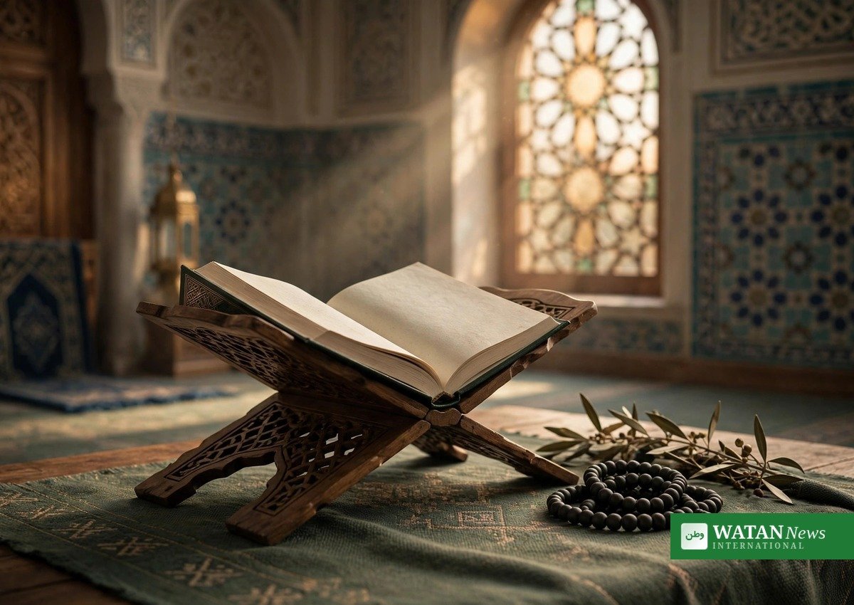 An open Quran on a rehal stand with prayer beads in a mosque, symbolising the fateha offered by PM Shehbaz Sharif for Interior Minister Mohsin Naqvi's late maternal uncle