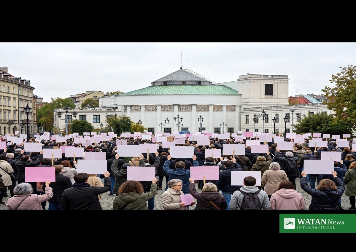 Abortion-rights demonstrators holding placards outside Poland's parliament in Warsaw