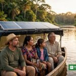 Solcelledrevet båd med passagerer på en Amazon-flod i Ecuador