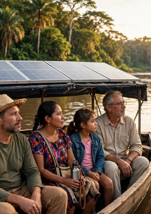 Solcelledrevet båd med passagerer på en Amazon-flod i Ecuador