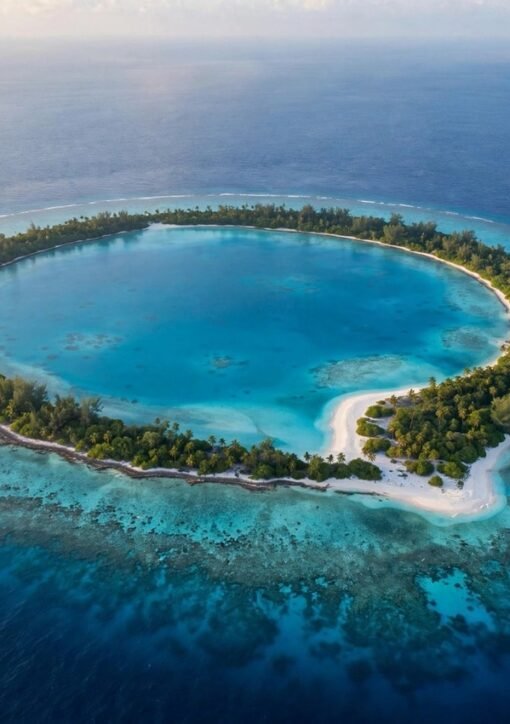 Aerial view of a Pacific coral atoll with turquoise lagoon — Pacific Resilience Facility climate fund