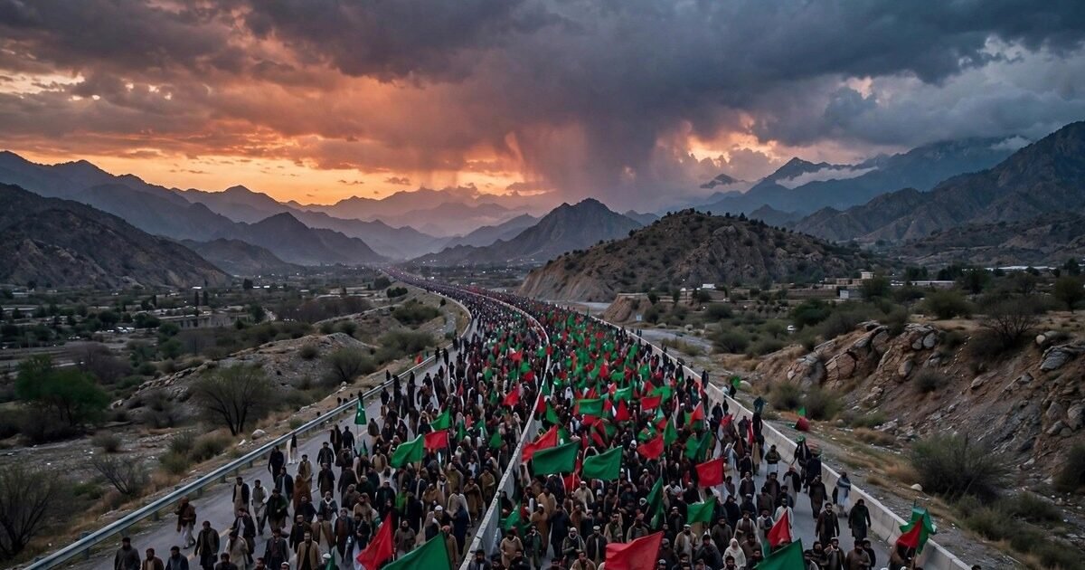 Thousands of PTI supporters with green and red flags on a highway at dusk — the PTI long march Islamabad begins from Lakki Marwat