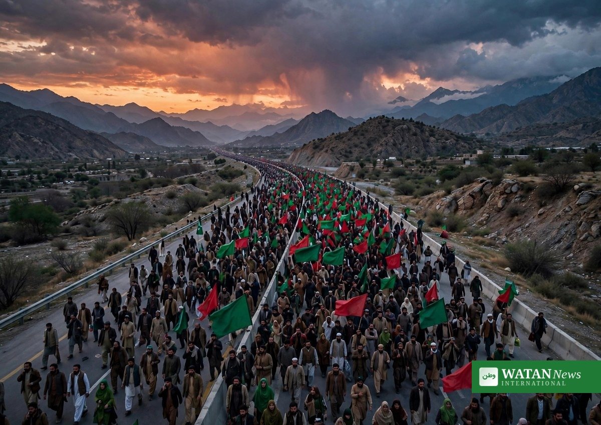 Thousands of PTI supporters with green and red flags on a highway at dusk — the PTI long march Islamabad begins from Lakki Marwat