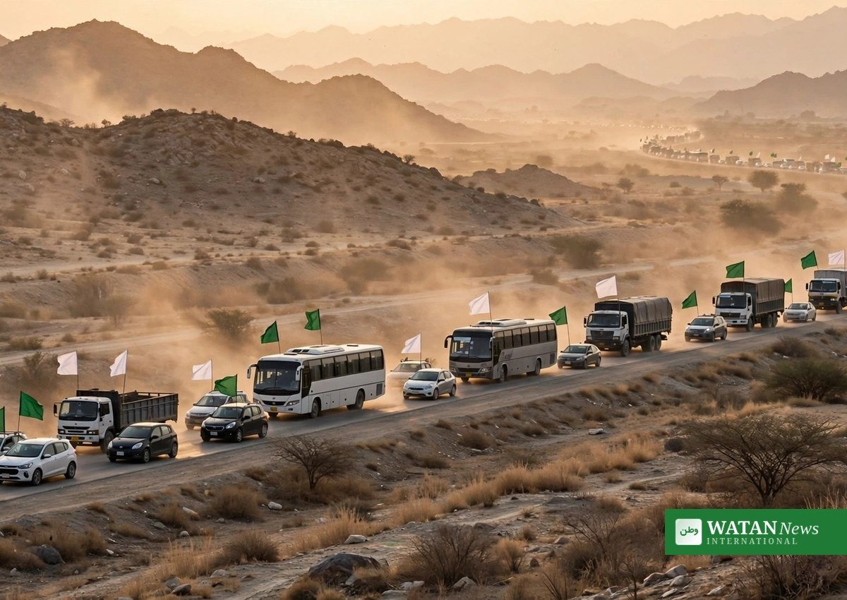 Convoy of cars, buses and trucks with party flags on a highway in Khyber Pakhtunkhwa — PTI long march Islamabad route