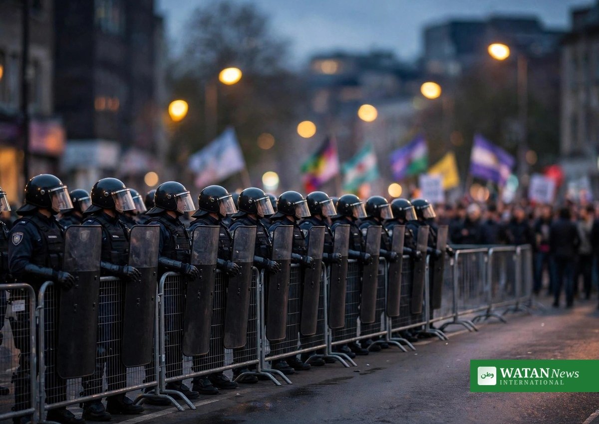 Riot police in helmets standing behind barriers at dusk — security deployed as the PTI long march Islamabad proceeds