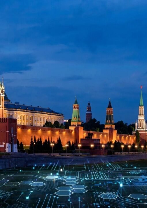 Putin cybersecurity meeting in Moscow: the Kremlin at dusk with a digital network overlay