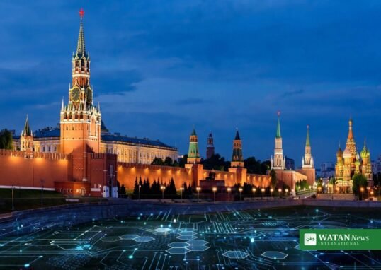 Putin cybersecurity meeting in Moscow: the Kremlin at dusk with a digital network overlay