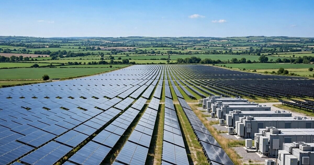 Pugal sol plus batterilagring – luftfoto af ørken-solfarm med batterilagringsenheder