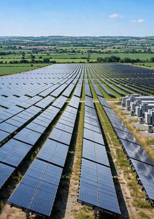 Pugal sol plus batterilagring – luftfoto af ørken-solfarm med batterilagringsenheder