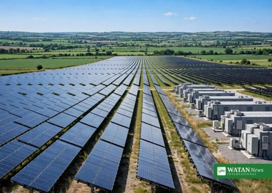 Pugal sol plus batterilagring – luftfoto af ørken-solfarm med batterilagringsenheder