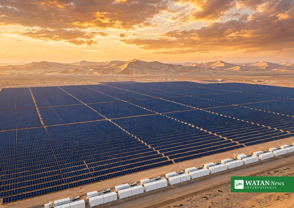 Pugal solar plus storage – aerial view of desert solar farm with battery storage containers at sunset