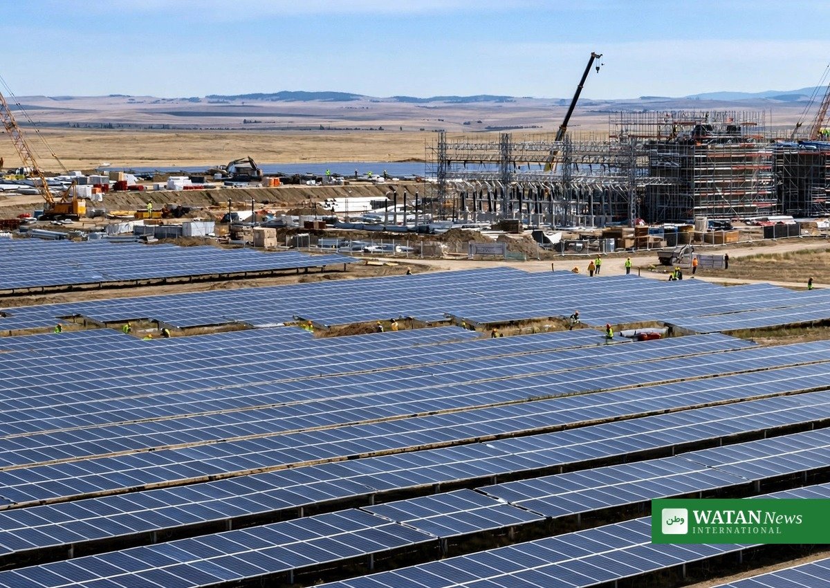 Pugal sol plus batterilagring – ingeniører installerer solceller på en stor solpark-byggeplads