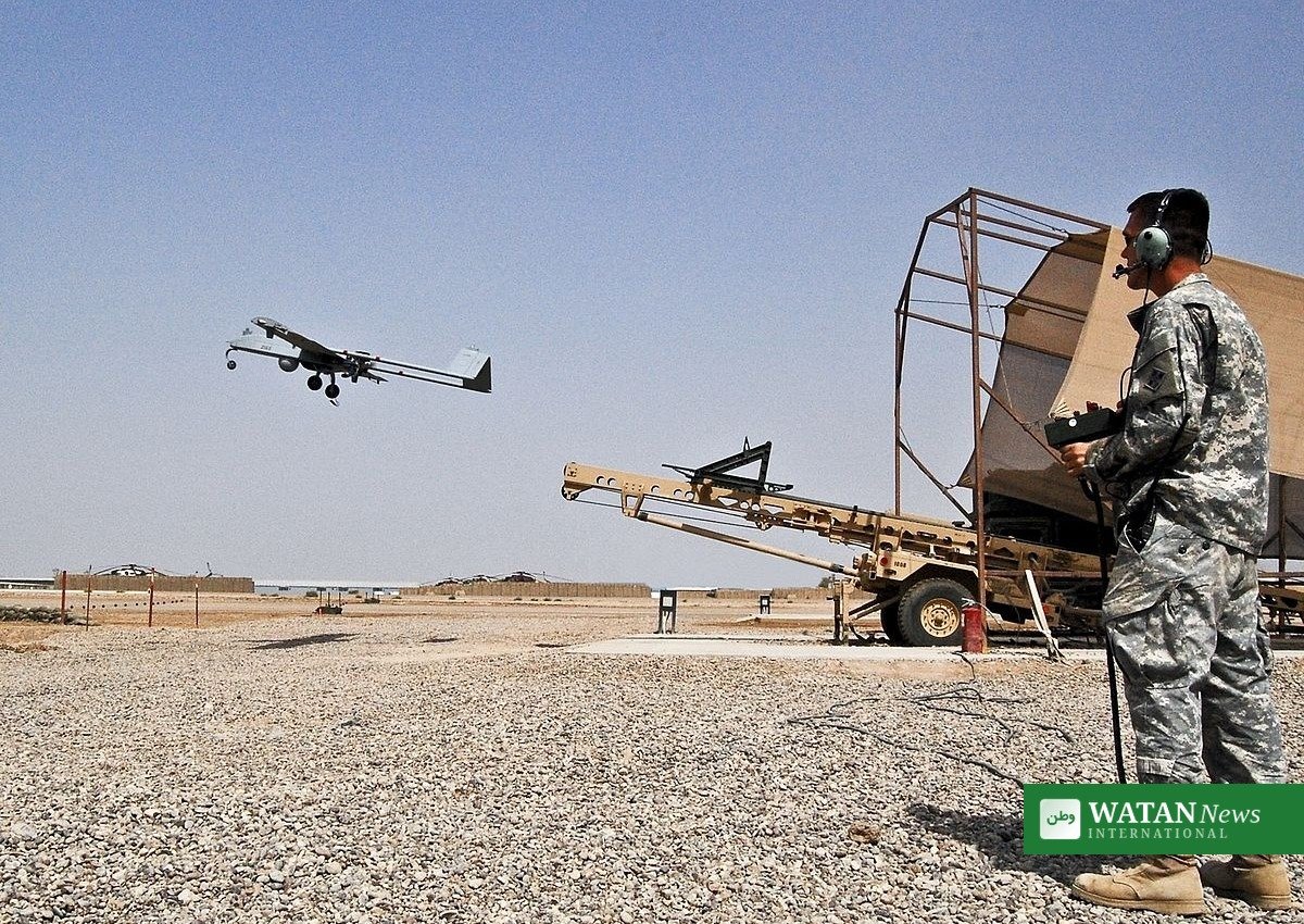 Russia drone attack base: military drone launching from a rail system at a drone base