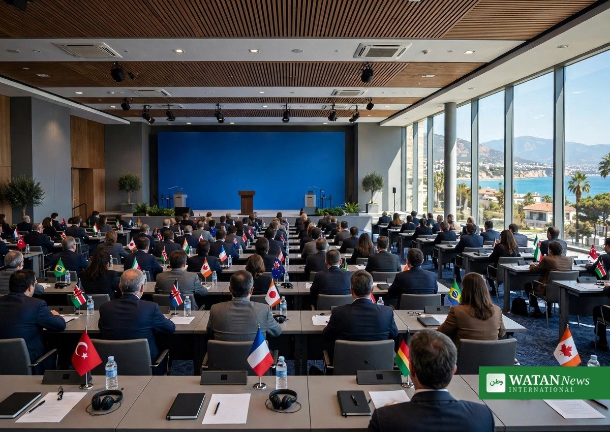 Delegerede med nationale flag i en international klimakonferencesal i Antalya