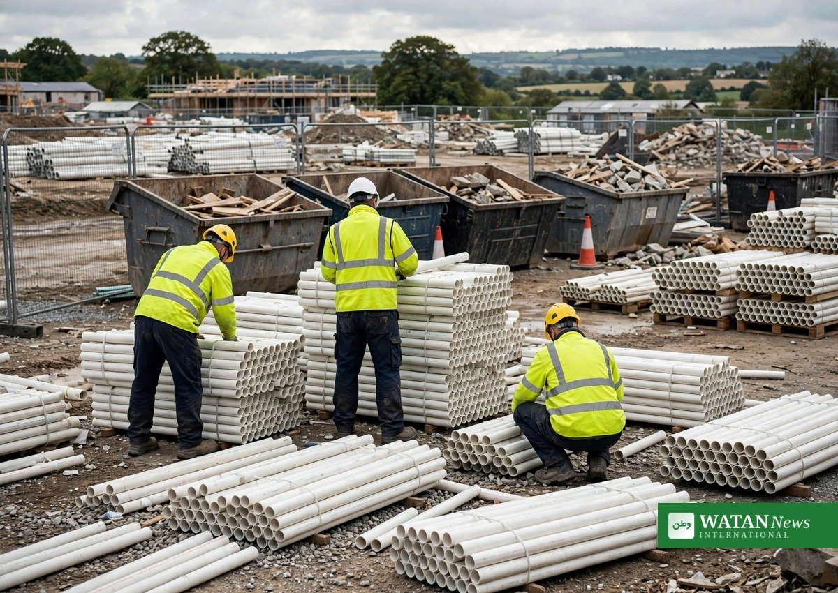 Construction workers sorting stacks of white PVC pipes for recycling at a building site