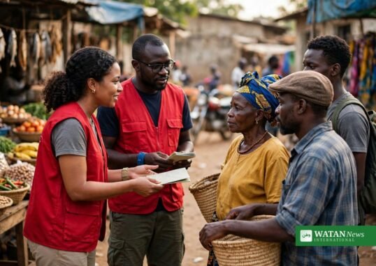 Red Cross volunteers talking with market community members about climate awareness in Borno