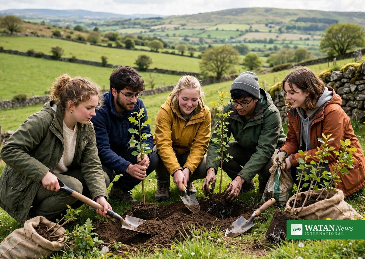 Young climate ambassadors planting trees together in Ireland