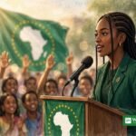Vanessa Nakate AU youth envoy – editorial illustration of the Ugandan climate activist speaking before the African Union flag